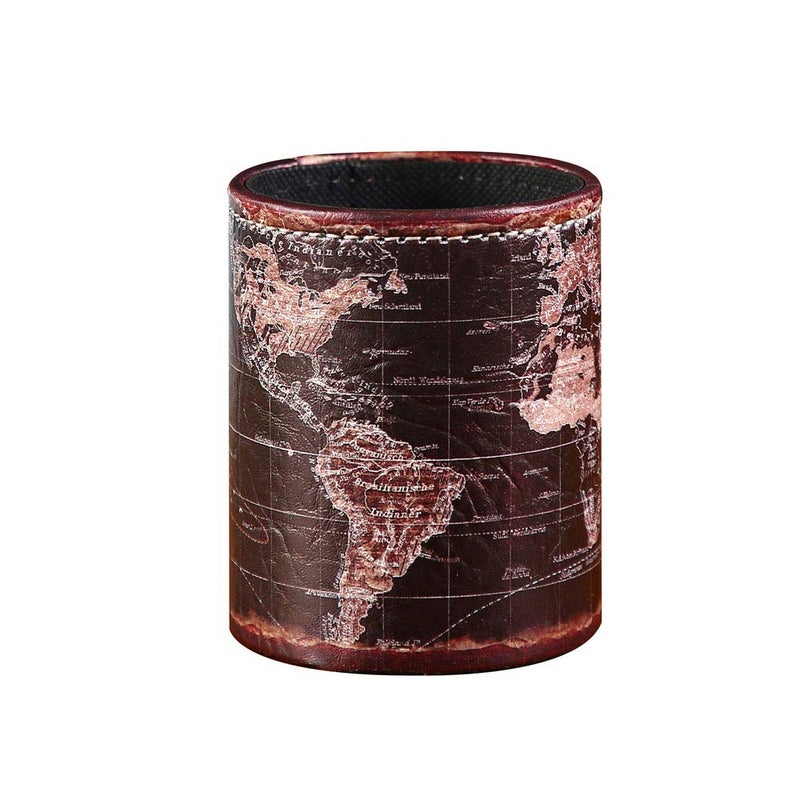LINKWELL Black World Map Pencil Holder for Desk, PU leather Pencil Cup, Globe Pen Holder for Desk Office Supply Organizer PH46 - Image 1